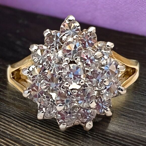 Vintage Ring Size 6 Cubic Zirconia Cluster Ring 14K Gold Plate Mid-Century 14G - Picture 1 of 11